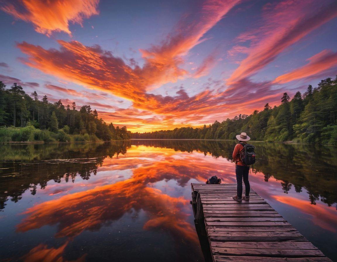 A breathtaking outdoor scene capturing a vibrant sunset over a serene lake, with an array of camera gear displayed artistically on a rustic wooden dock. Include a traveler adjusting their camera, surrounded by lush greenery and water splashes. The composition emphasizes both nature's beauty and photography equipment. super-realistic. vibrant colors. 3D.